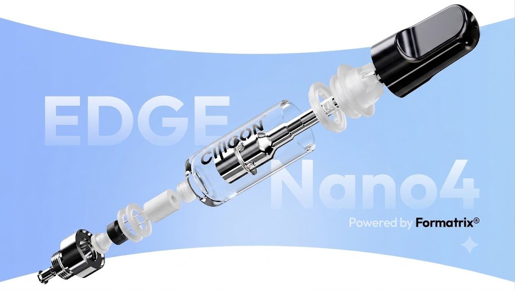 Ciliconplus EDGE Nano4 510 náhradný pod, poháňaný technológiou Formatrix - rozložený pohľad zobrazujúci sklenený zásobník, keramické jadro a náustok